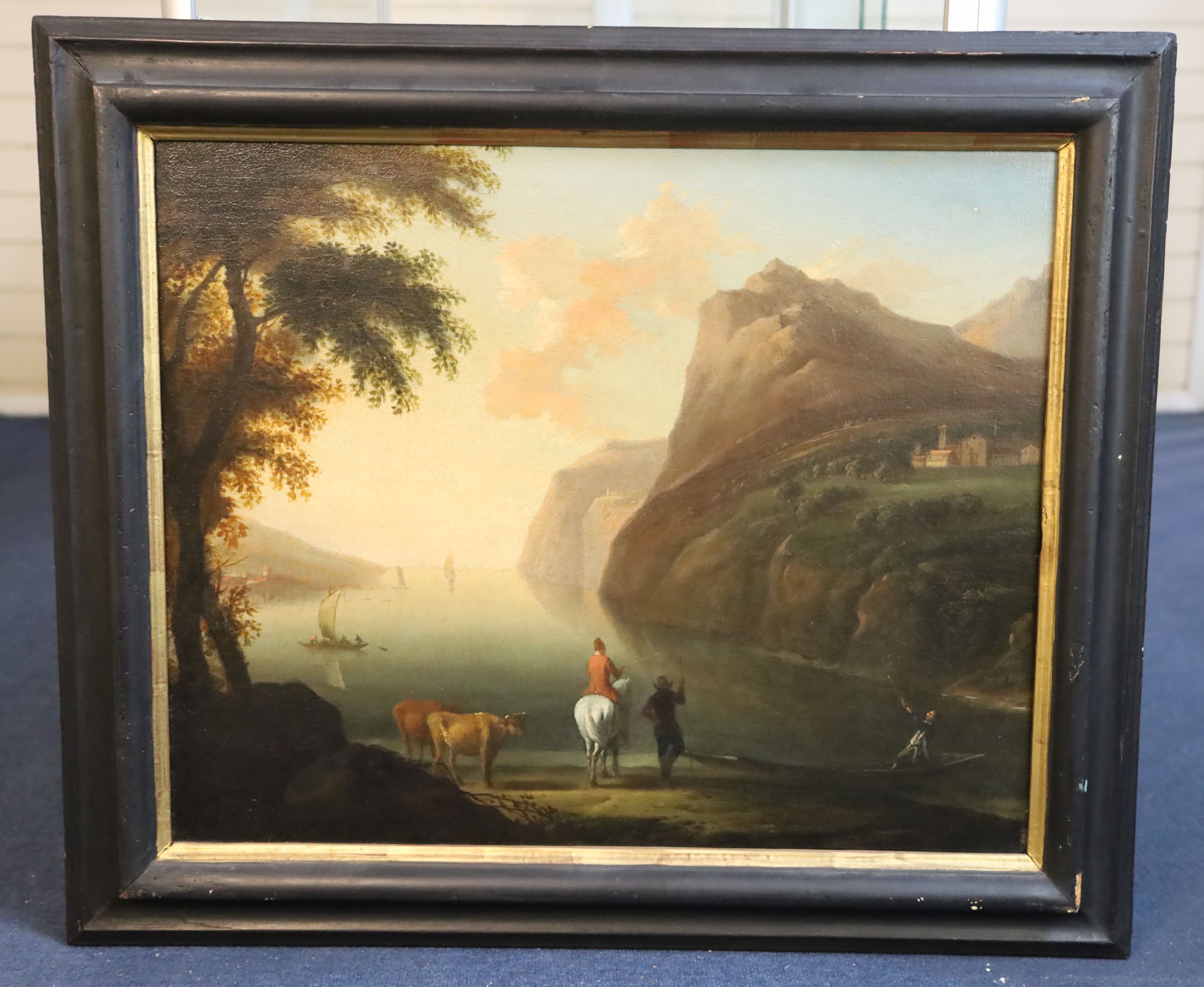 18th century English School Travellers in a coastal landscape with ferryman 20 x 25in.